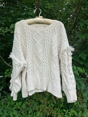 a.n.a Cream Cable Fringe Crewneck Sweater